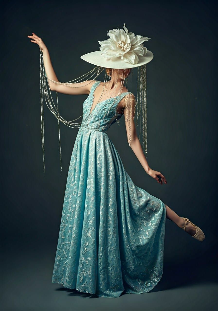 Woman in Blue Gown with Oversized Hat