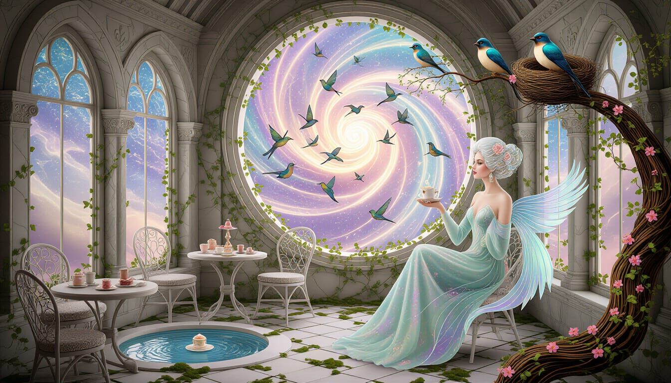 Magical Cafe in Marble Ruins with Cosmic Energy and Birds