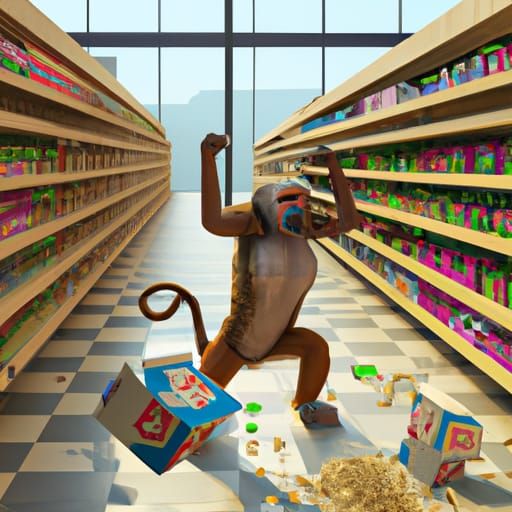 Baboon Cereal Chaos in Supermarket: Photorealistic Image