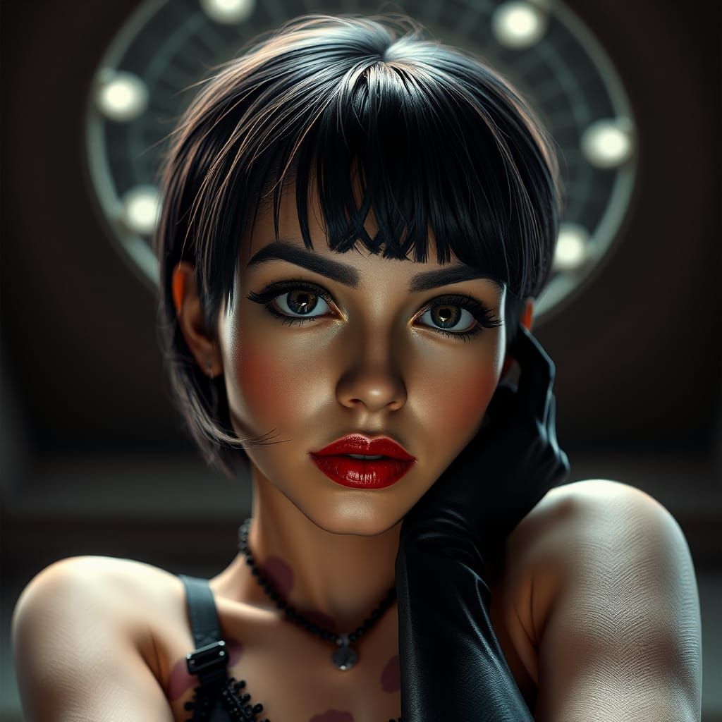 lanky latina goth beauty poses in a classic pin up pose. She has short and sassy dark brown hair. Her mascara highlights...