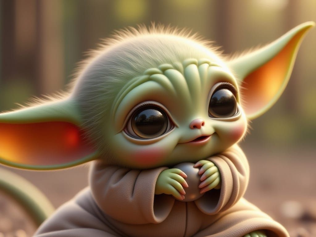 Cute Chibi Baby Yoda Holding Chrome Ball in 3D