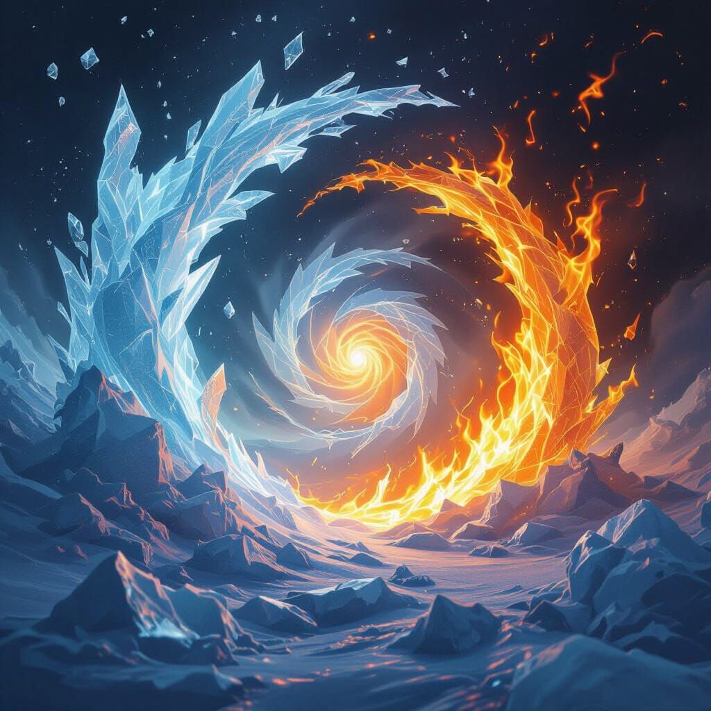 Ice and Fire Elemental Vortex in Surrealist Style