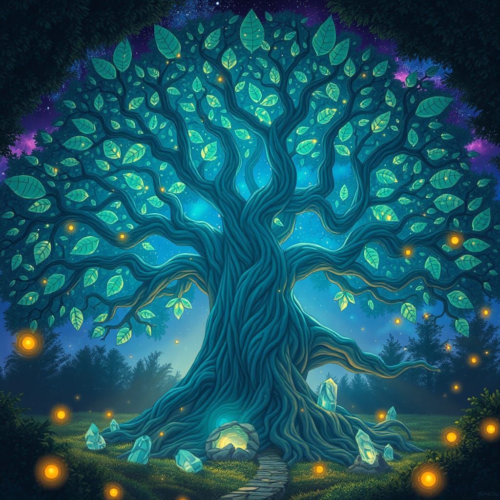 Bioluminescent Tree in Ghibli-Inspired Forest Glade