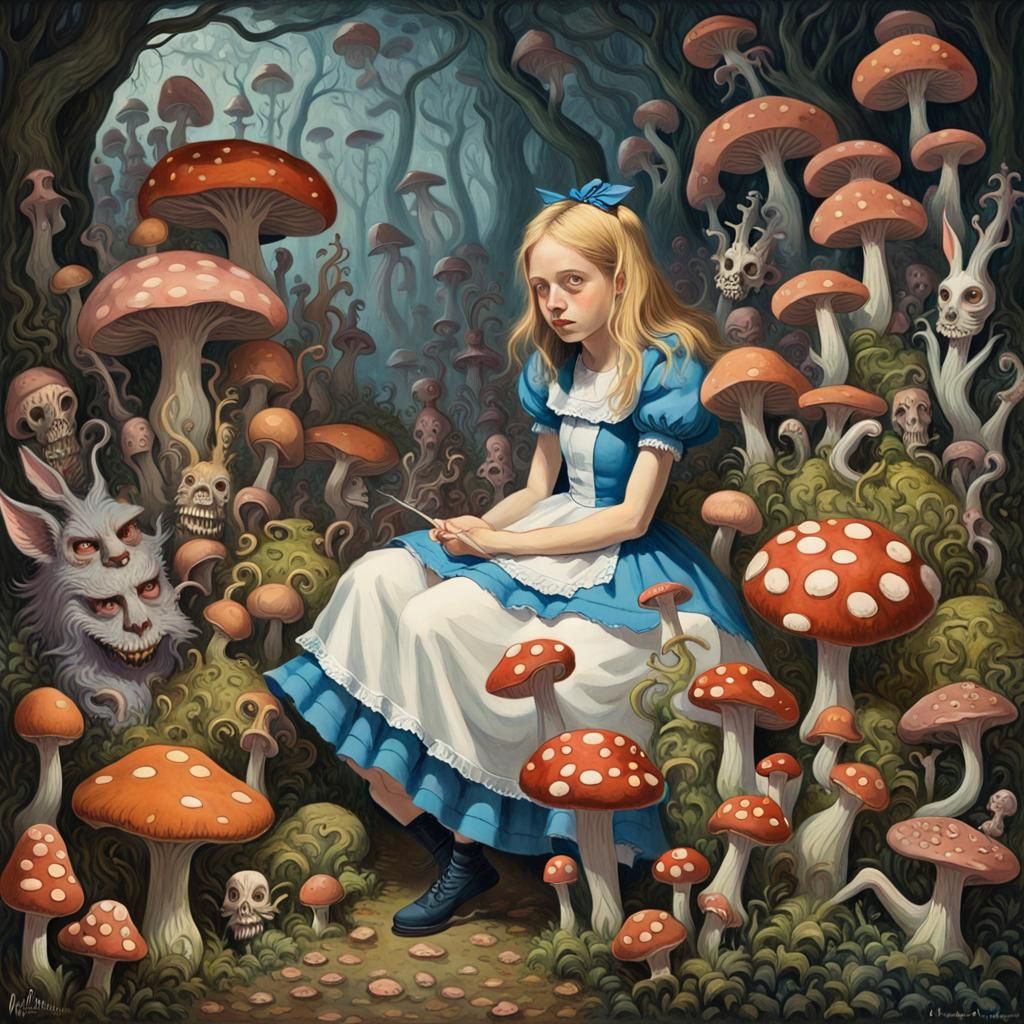 Creepy Alice in Wonderland, Gouache Horror Style