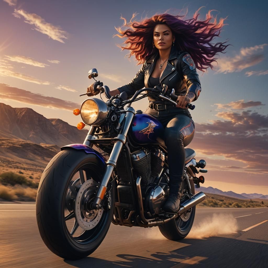 Woman Rides Motorcycle: Matte Painting with Vibrant Colors