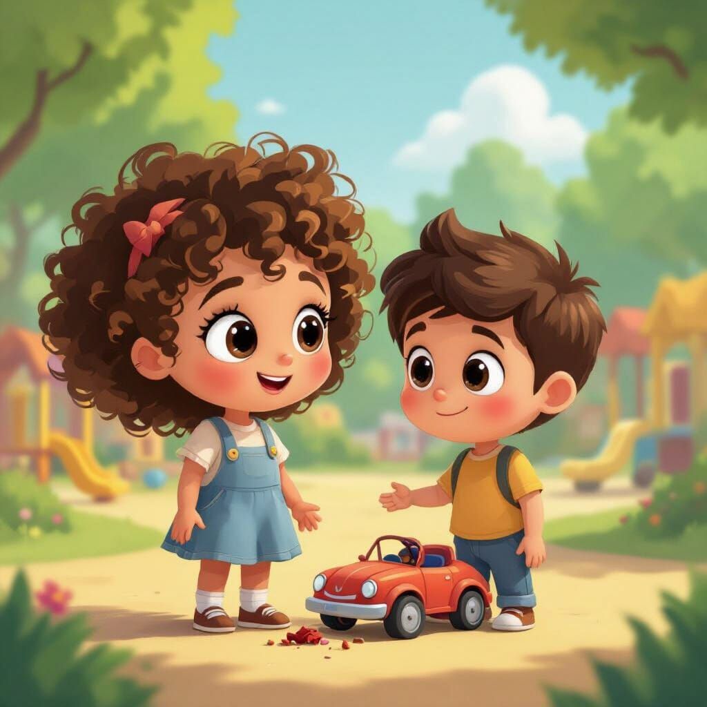 Cartoon Children Share Broken Toy in Playground