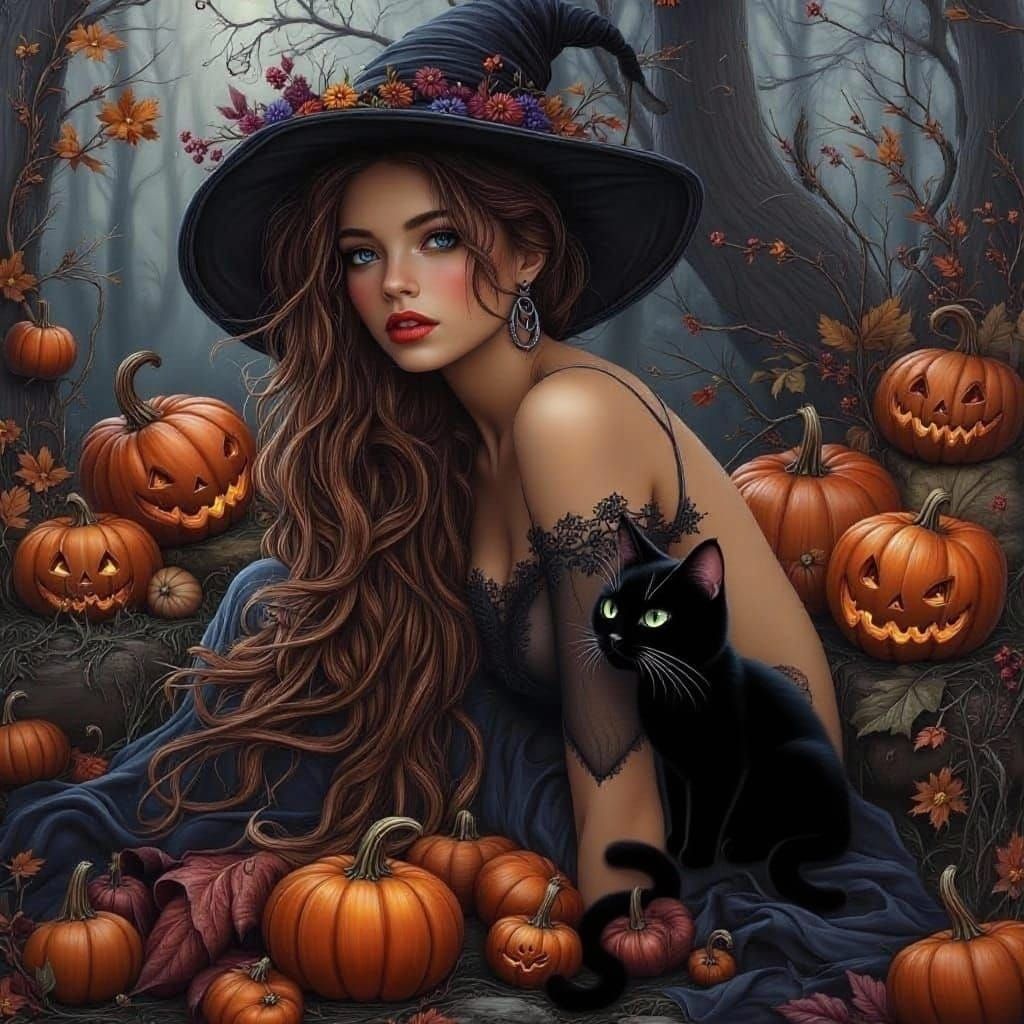 Gothic Bohemian Woman in Pumpkin Field