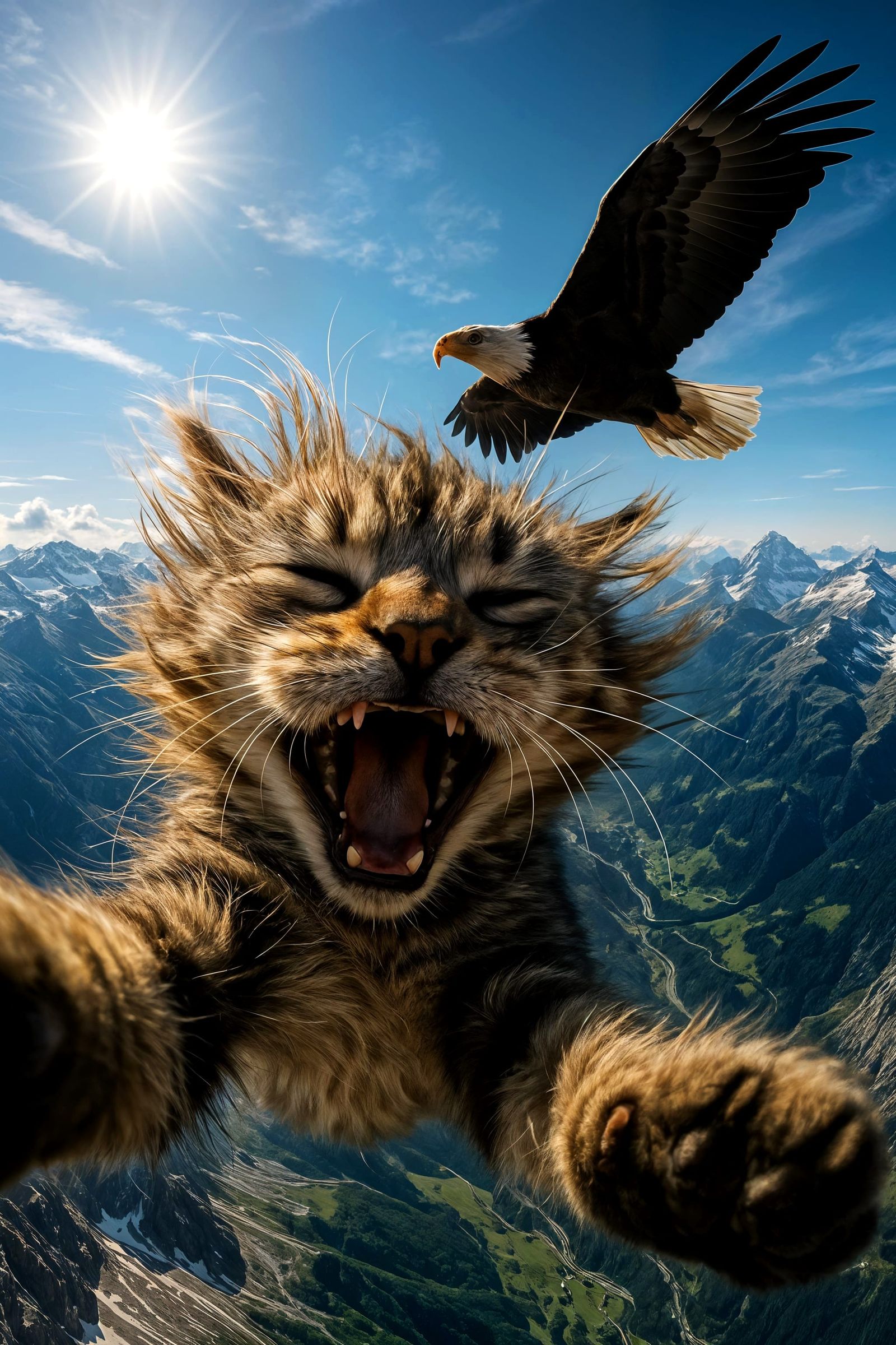 Kitten's Exhilarating Skydiving Selfie with Eagle
