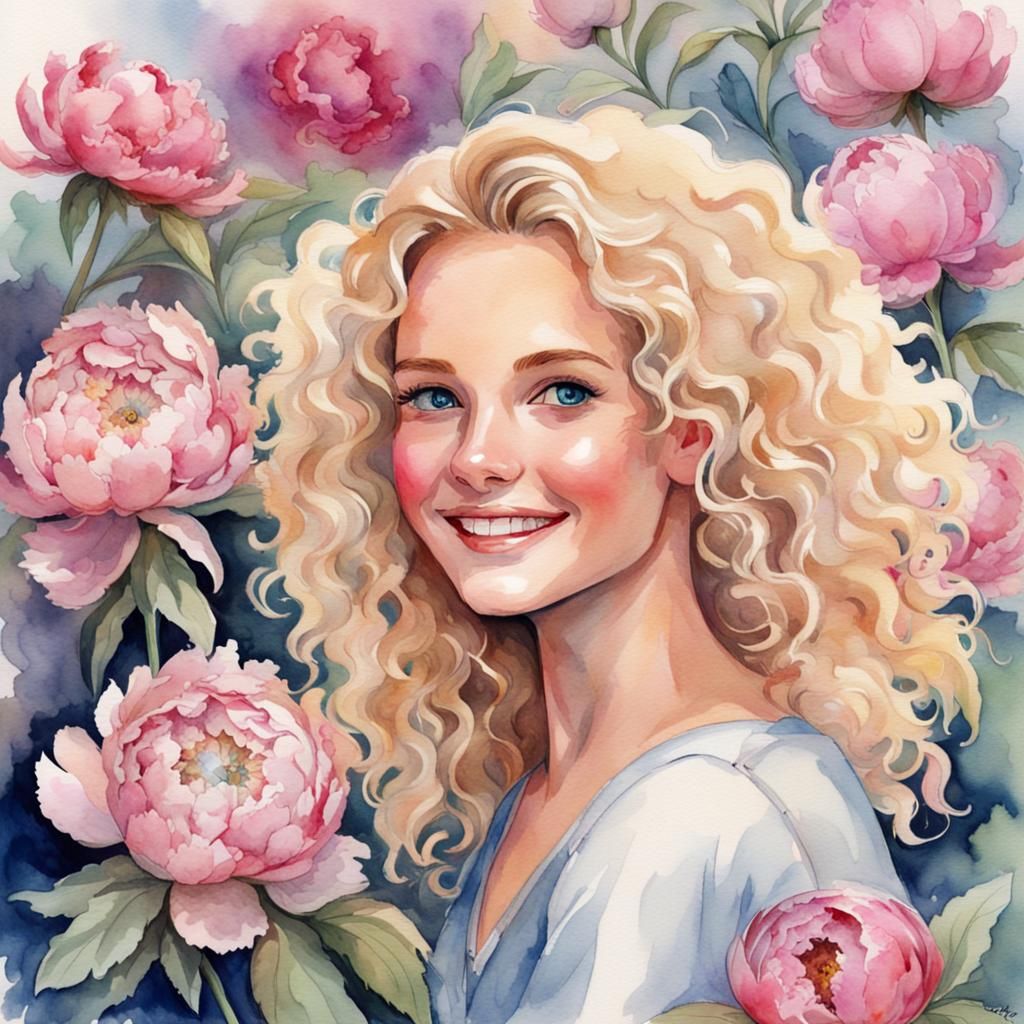 Blonde Girl in Peony Field: Watercolor Painting