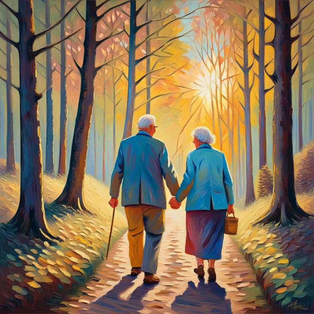 Elderly Couple in Sunlit Wood, as Impasto Painting