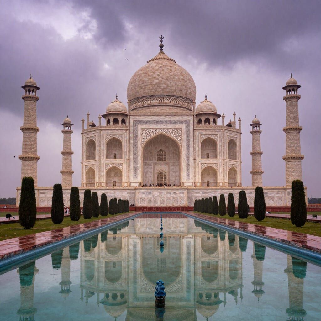 Photorealistic Taj Mahal in Monsoon Rain with Reflection