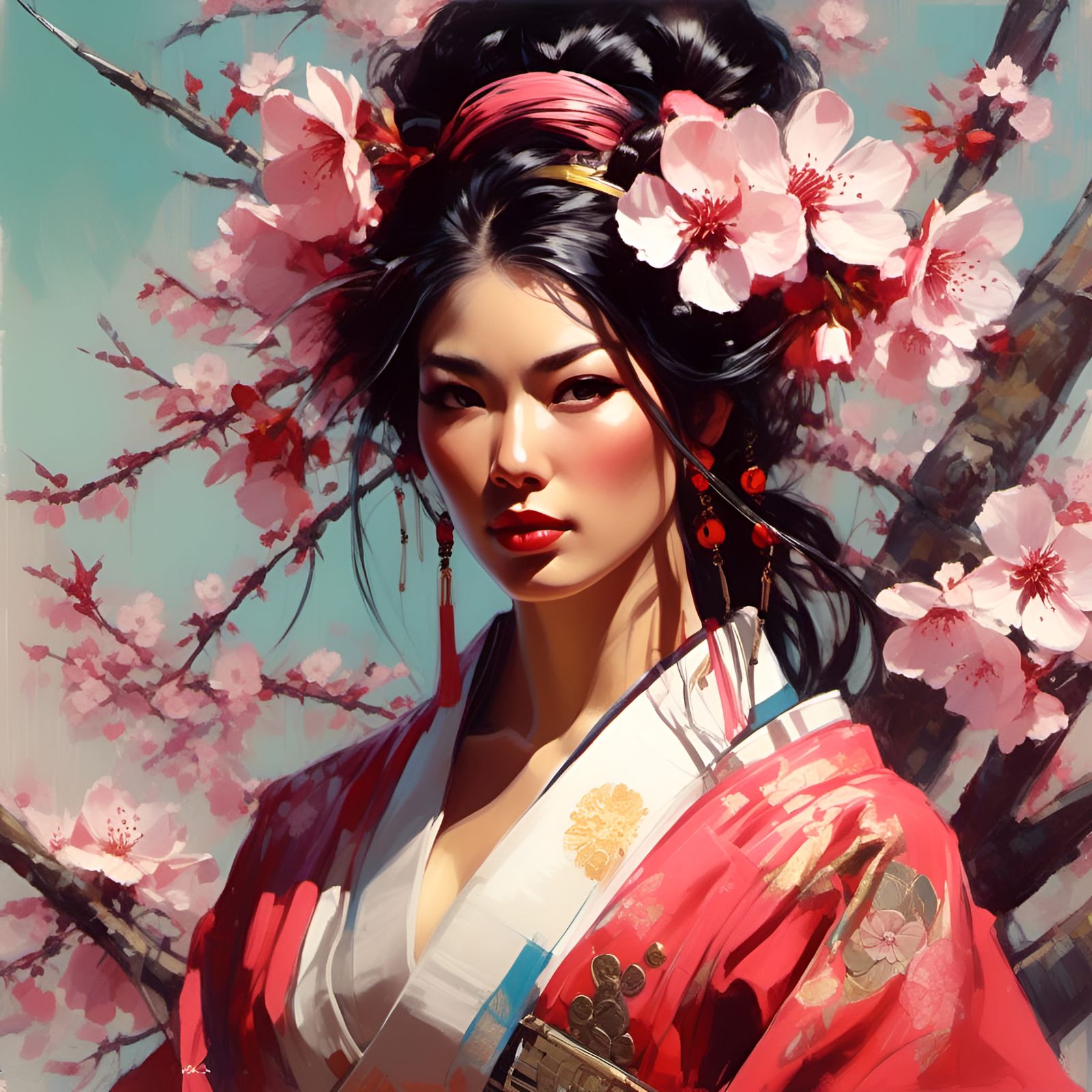 Gorgeous Samurai Woman Portrait with Cherry Blossoms