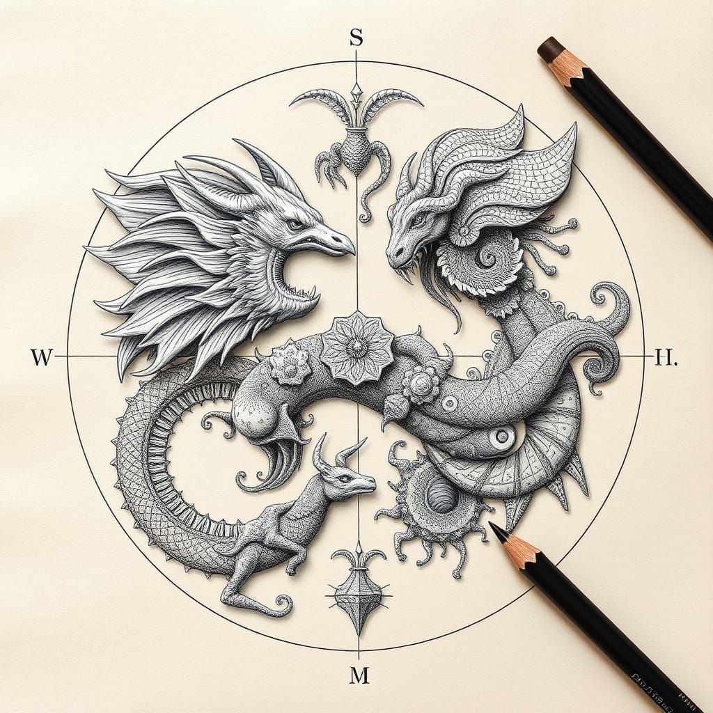 Mystical Creatures Diagram in Ancient Parchment Style