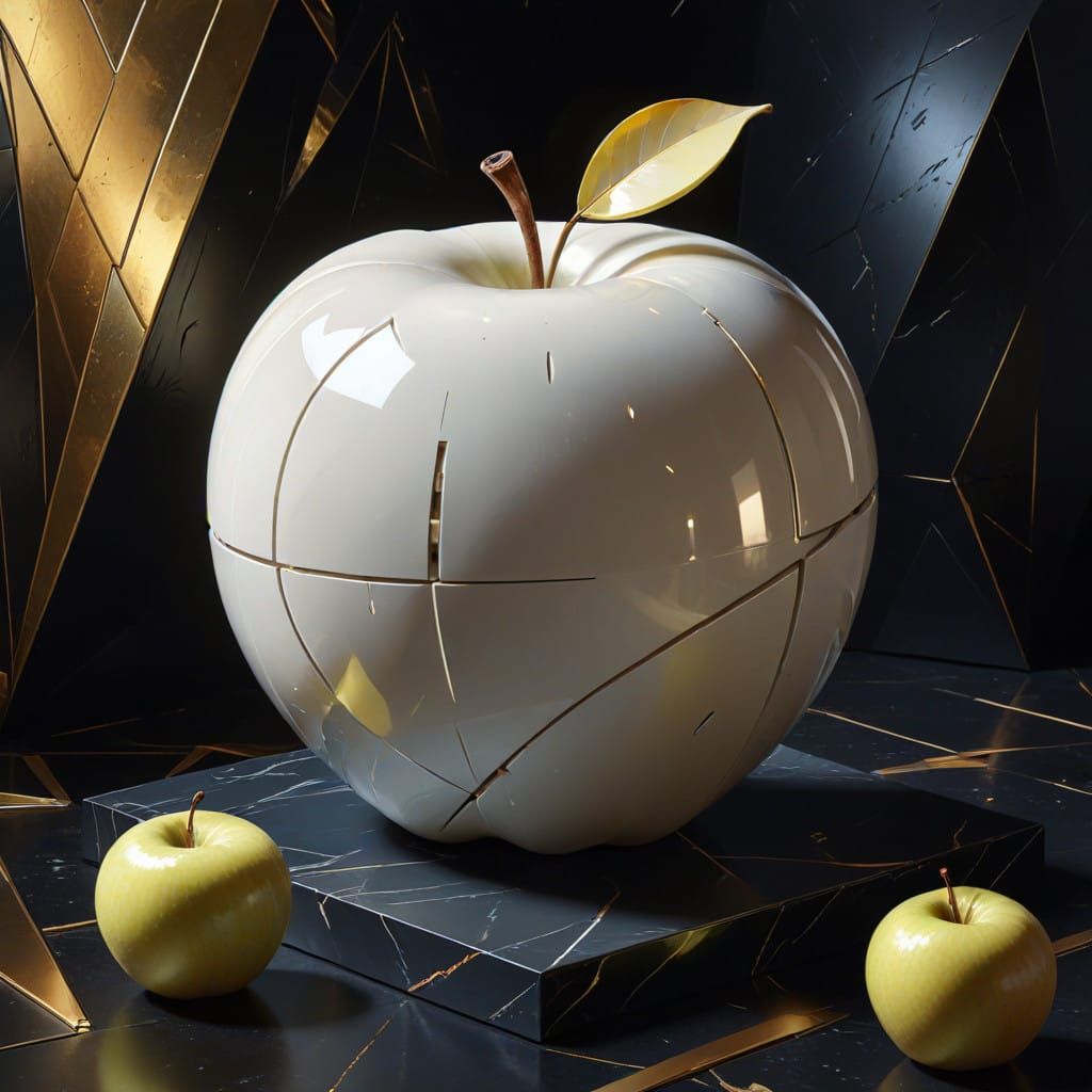 Surreal Cubist Apple Against Deep Black Background