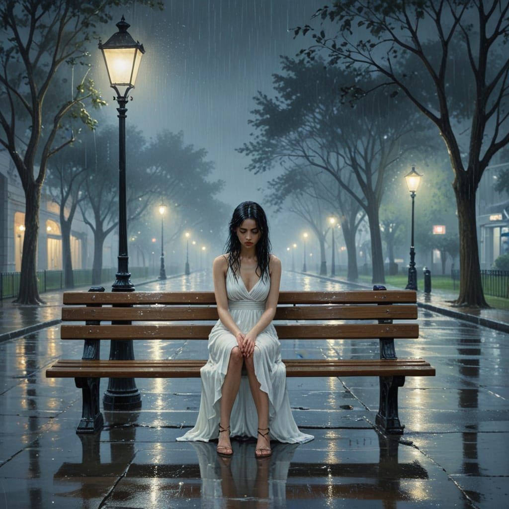 Woman on Park Bench in Dark, Rainy Night