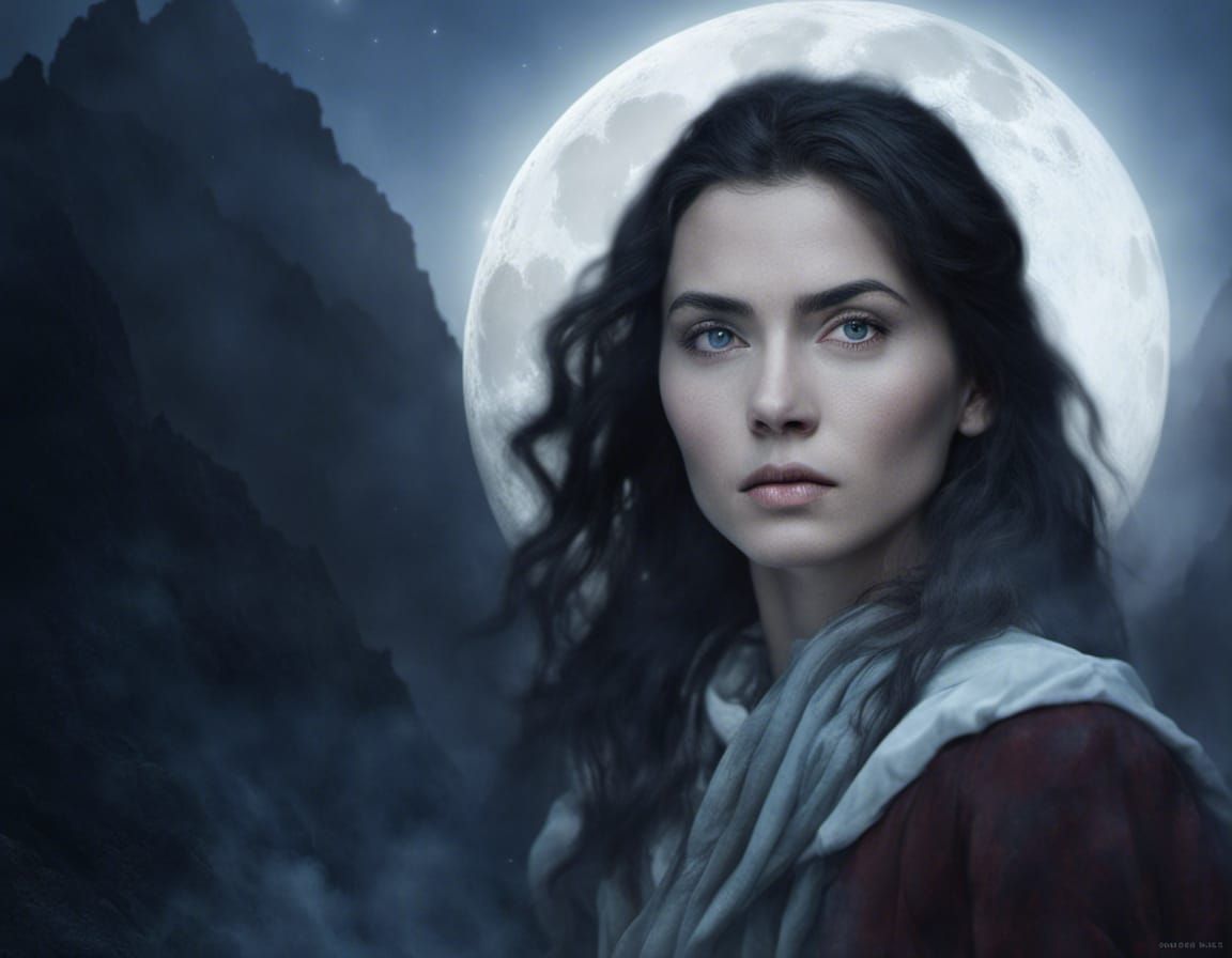 Ethereal Wizard Portrait with Mountain and Moon