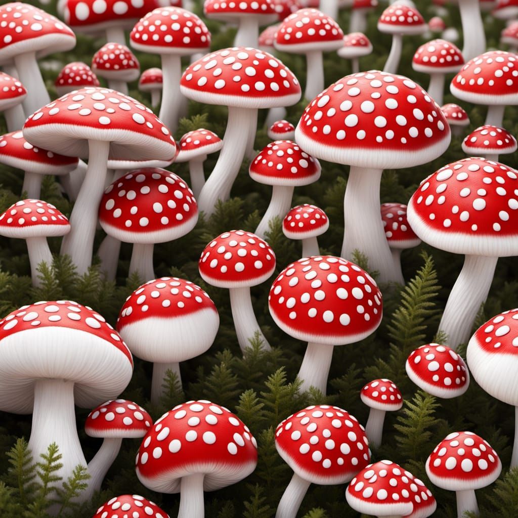 Polka Dot Mushrooms in a Hyperdetailed Field