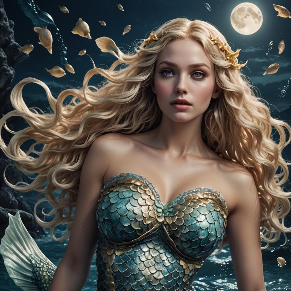 Aphrodite Mermaid in Moonlit Ocean: Digital Masterpiece