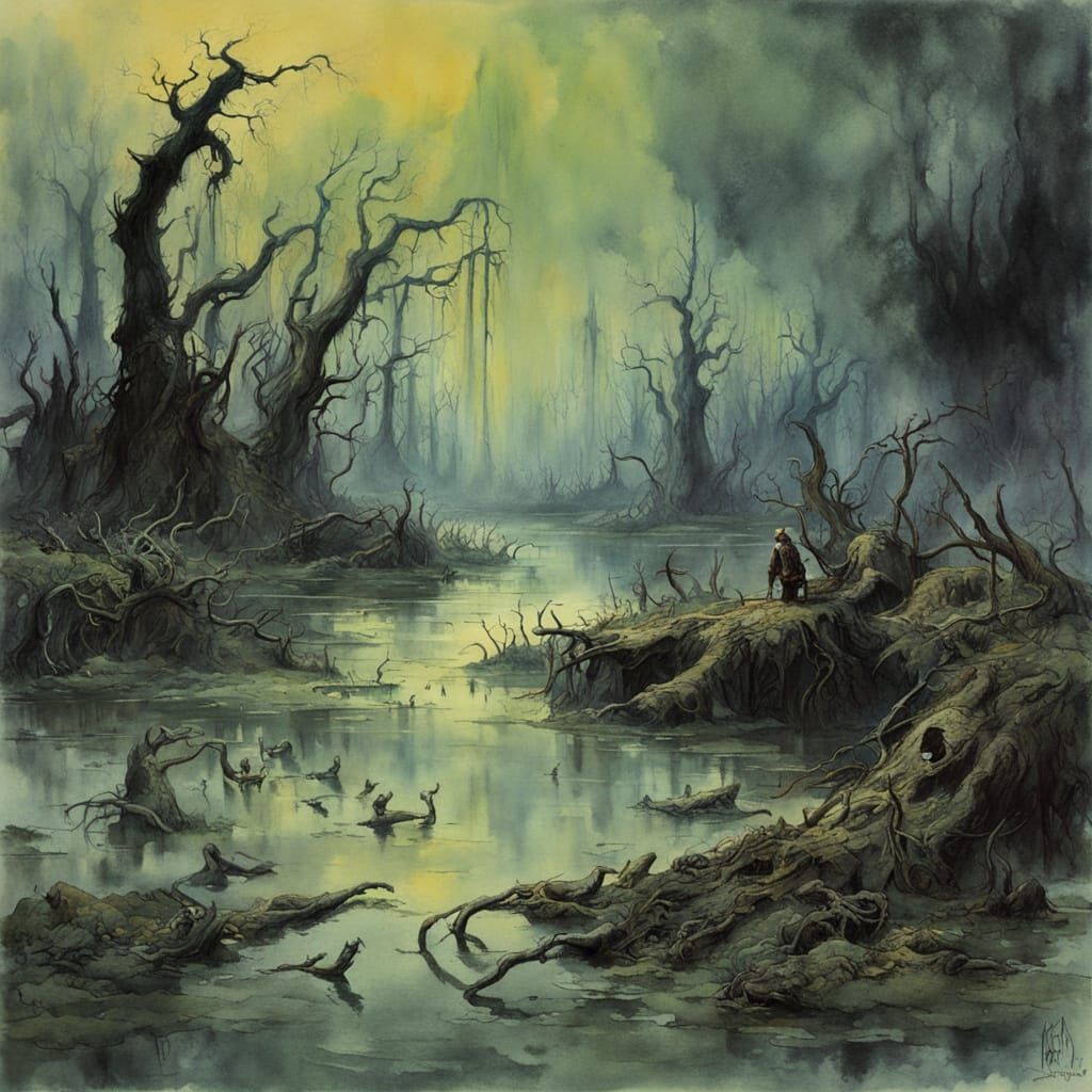 Chaotic Swamp Lagoon Disaster in Watercolor Style