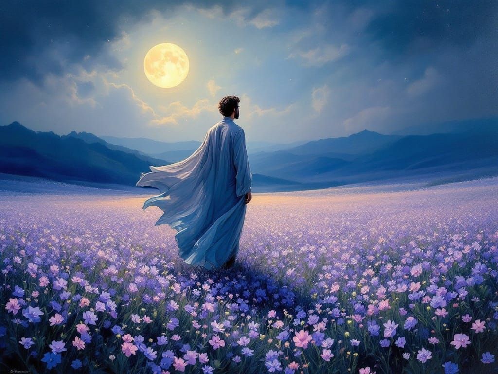 A Dreamlike Scene of Moonlit Lavender Fields