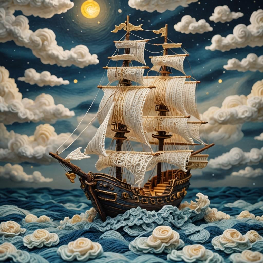 Chibi Pirate Ship Sculpture on Moonlit Sea