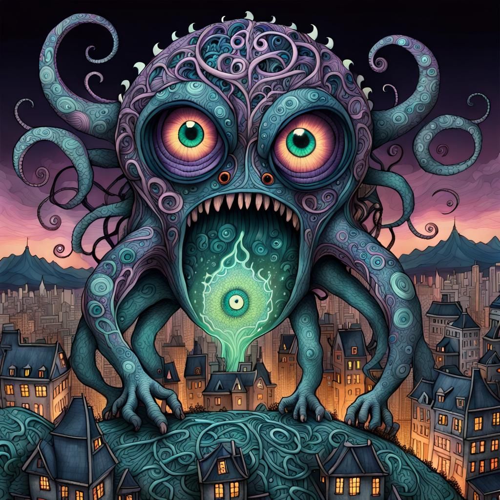 Eldritch Doodle Monster Over Zentangle Cityscape