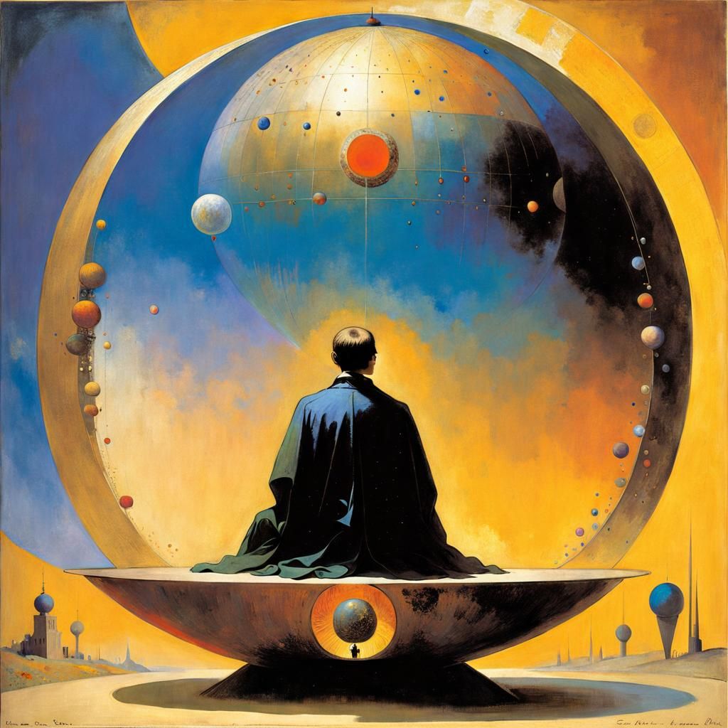 Surrealist Figure in Moody Dyson Sphere Shadows