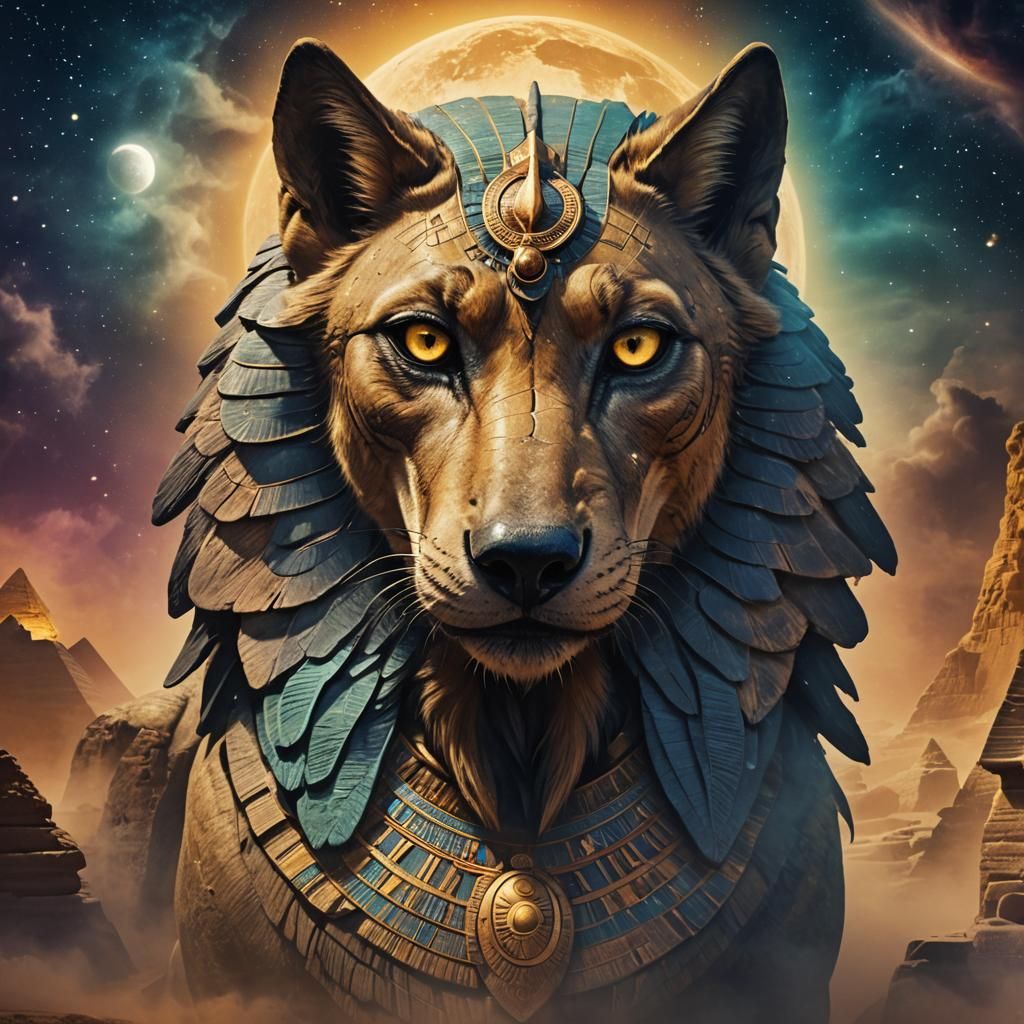 Egyptian Wolf Sphinx in Mystic Night Scenery