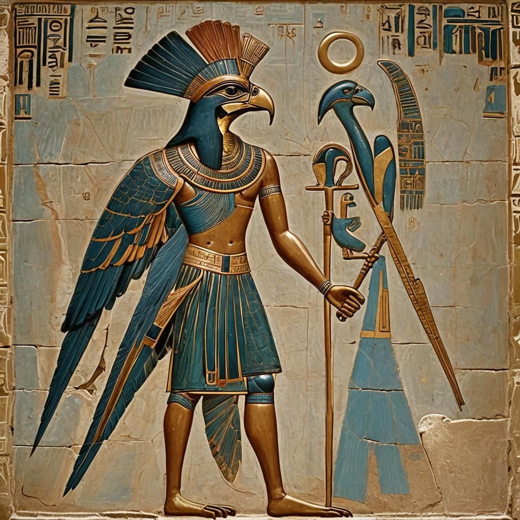Depicted as a falcon or as a man with a falcon’s head, Horus...