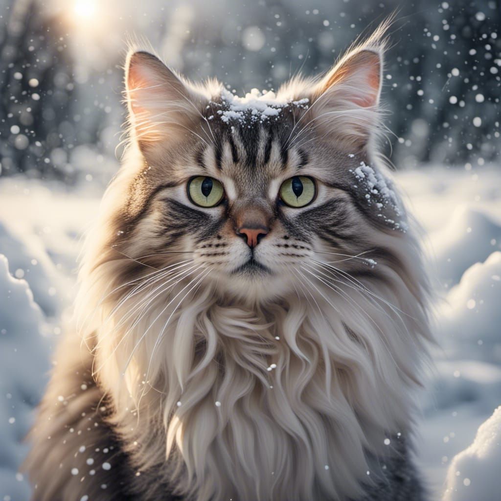 Norwegian Forest Cat Portrait in Winter Snow