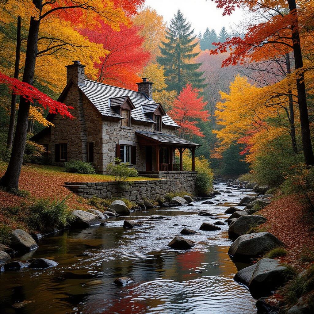 Autumnal Stone House by Stream in Cinematic Style