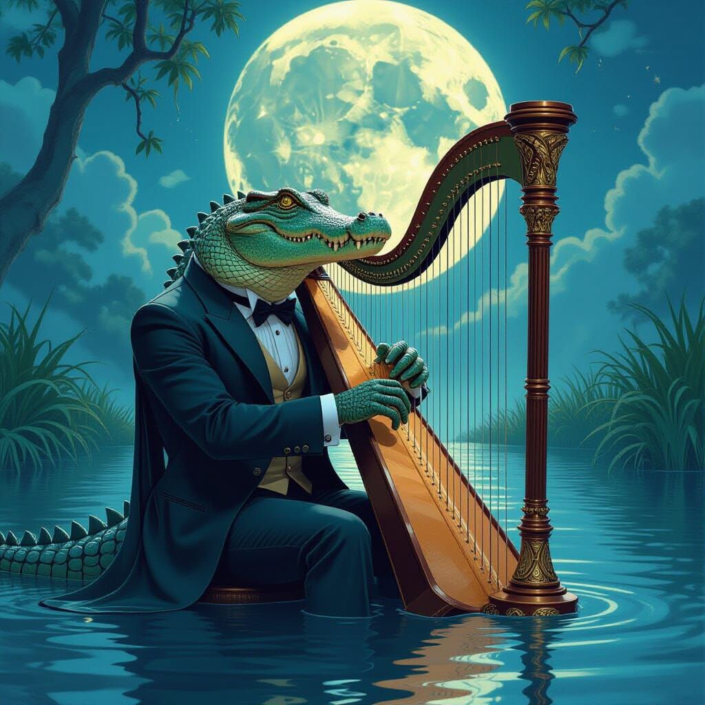 Elegant Crocodile Plays Harp in Illustrative Comic Style