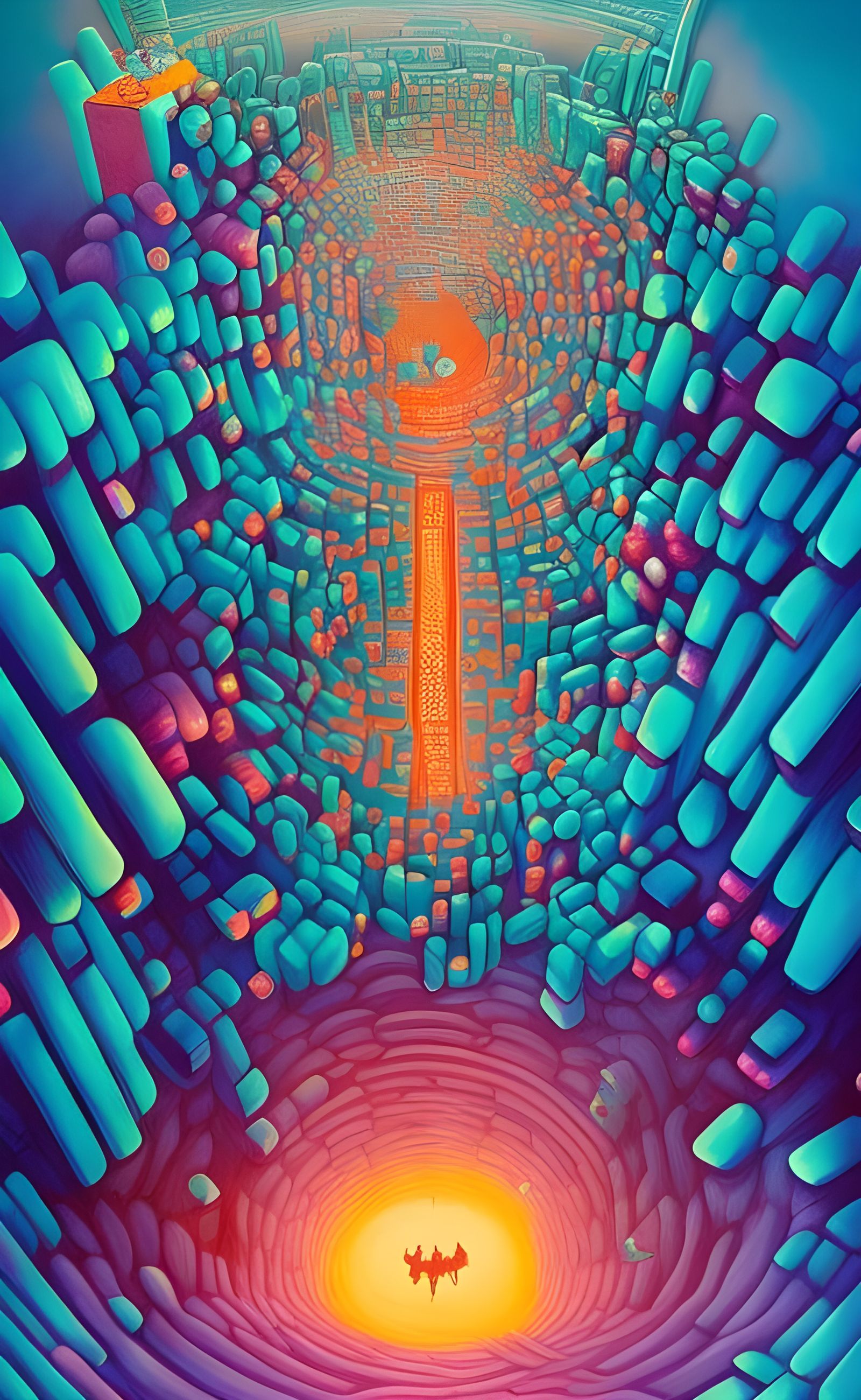 Iridescent Cube Labyrinth: Bird's Eye View Digital Art