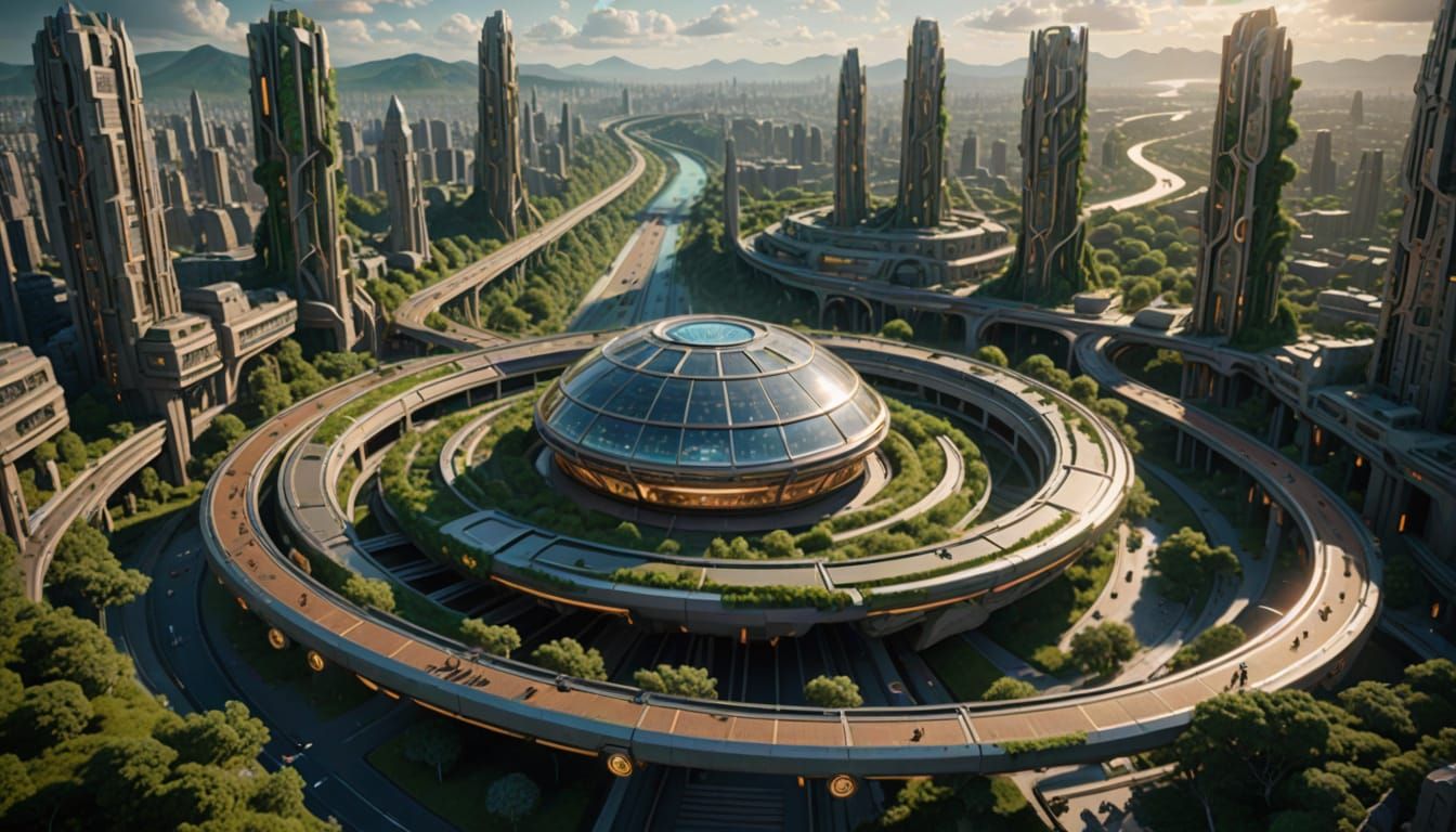 Futuristic Car-Free City: Spiraling Districts & Pod Transit