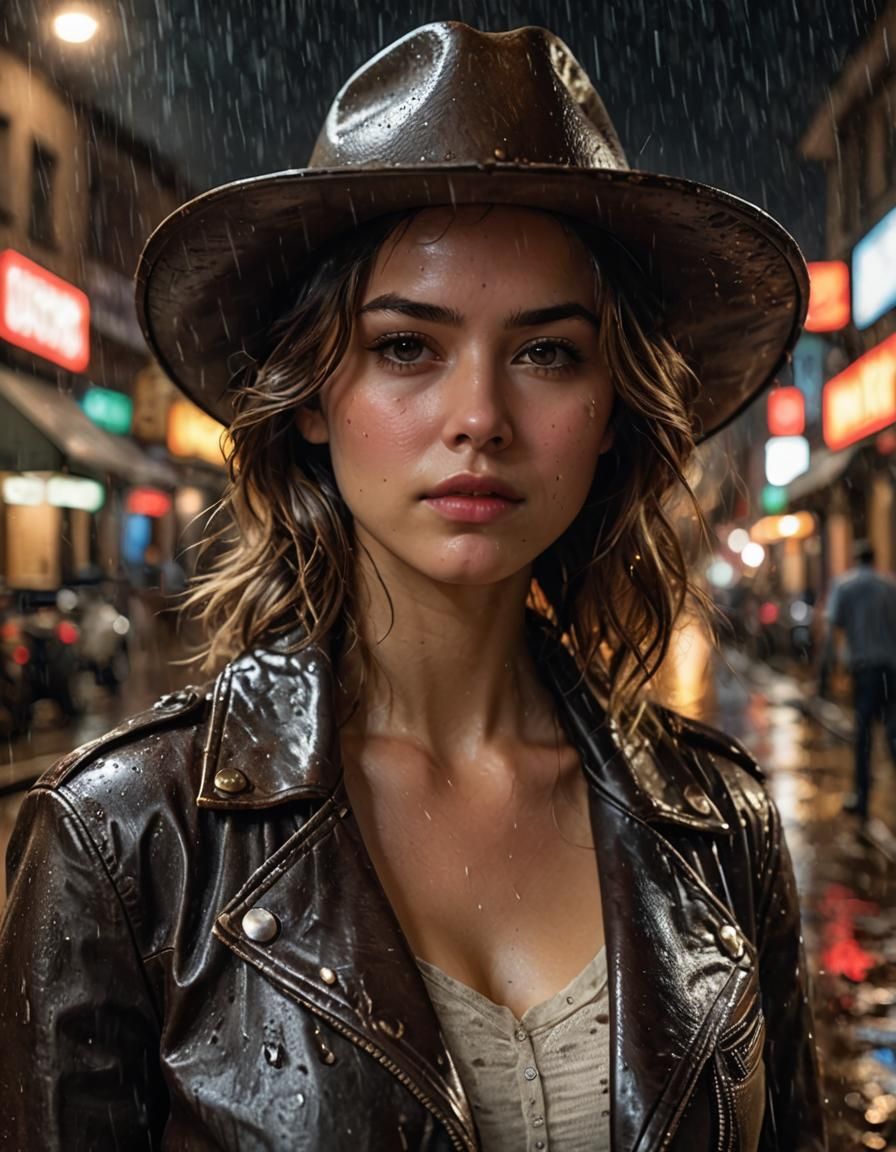 Rainy Night Portrait of a Woman in Western Town