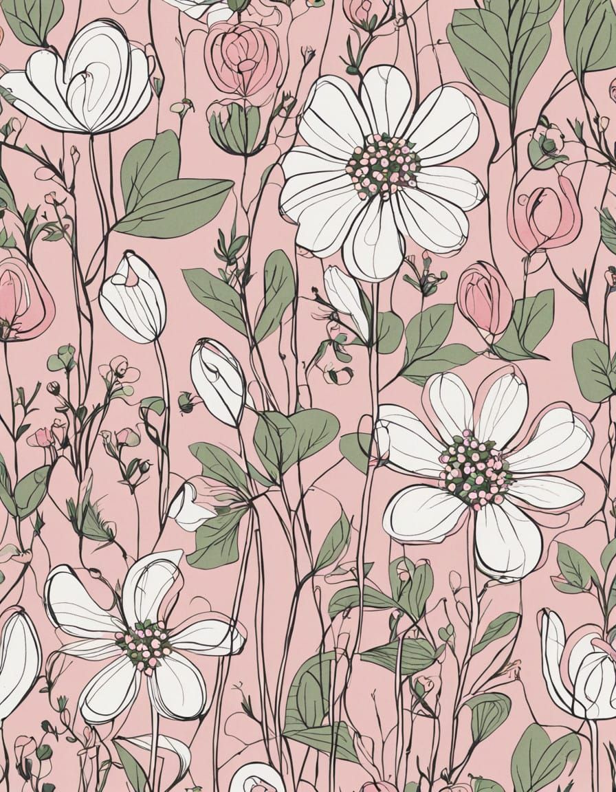 Surreal Whimsical Line Art of Heart-Shaped Blooms in Pastel....