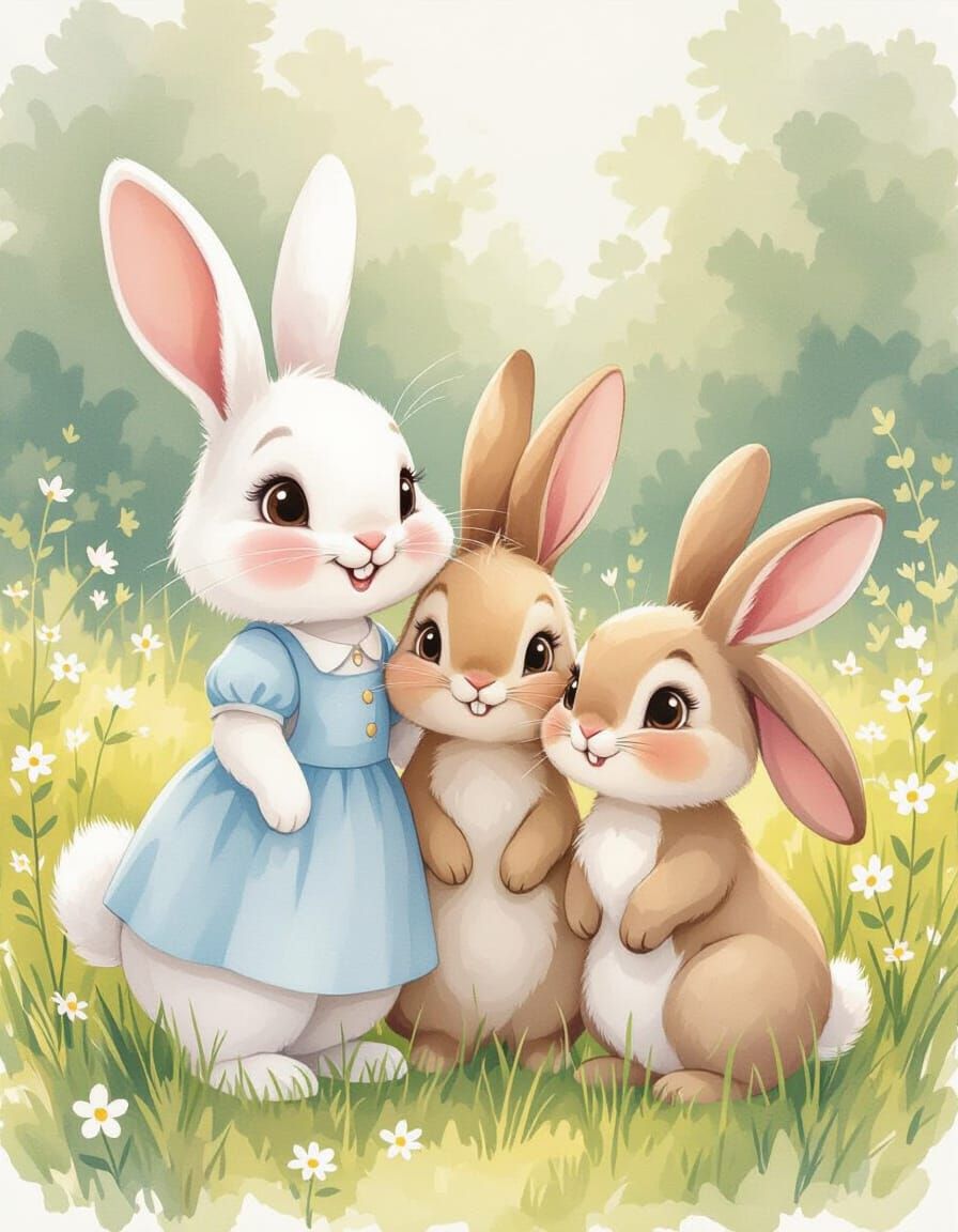 Pastel Watercolor Bunnies in Spring Meadow