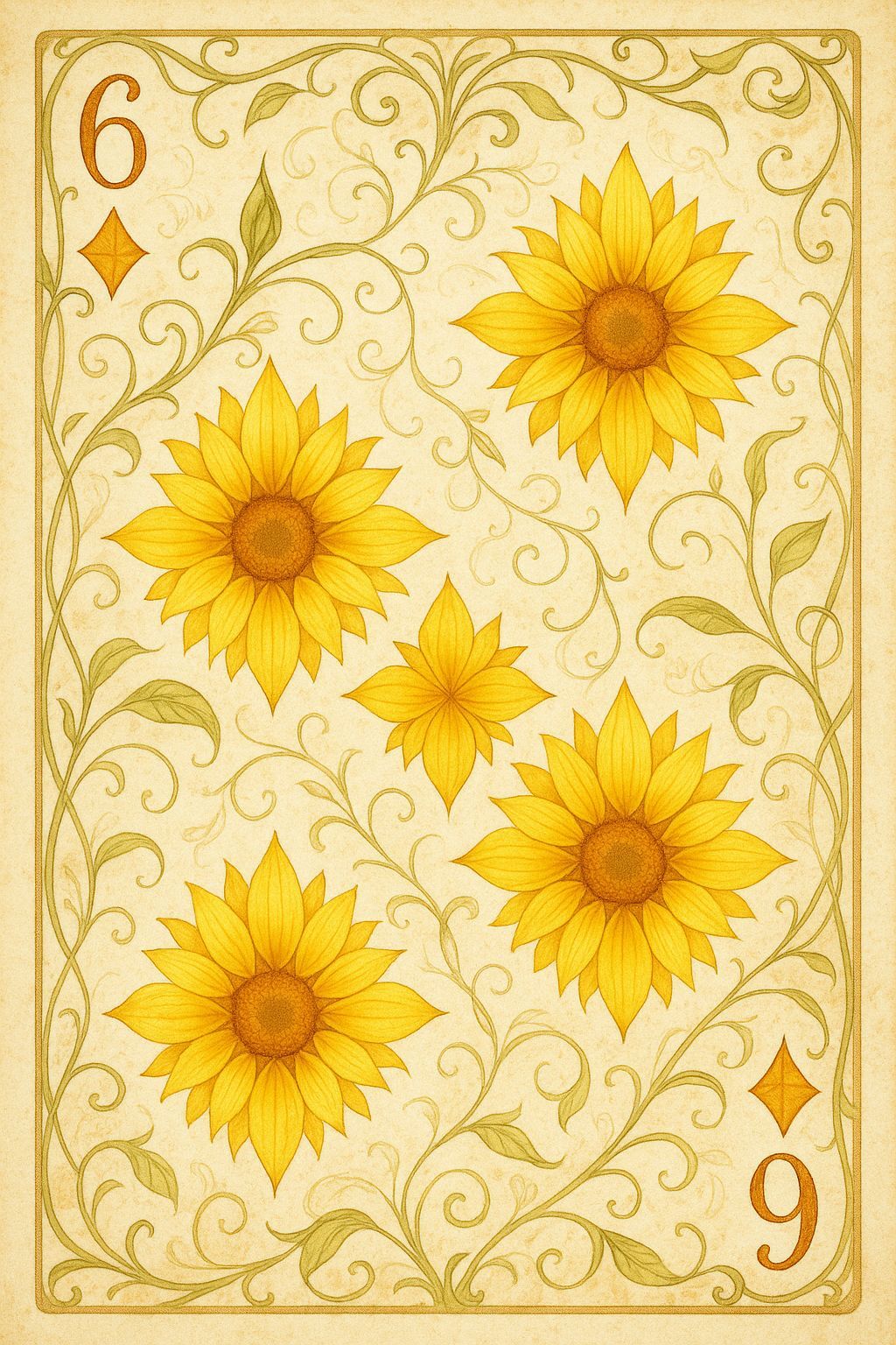 Art Nouveau Six of Diamonds Playing Card with Sunflowers