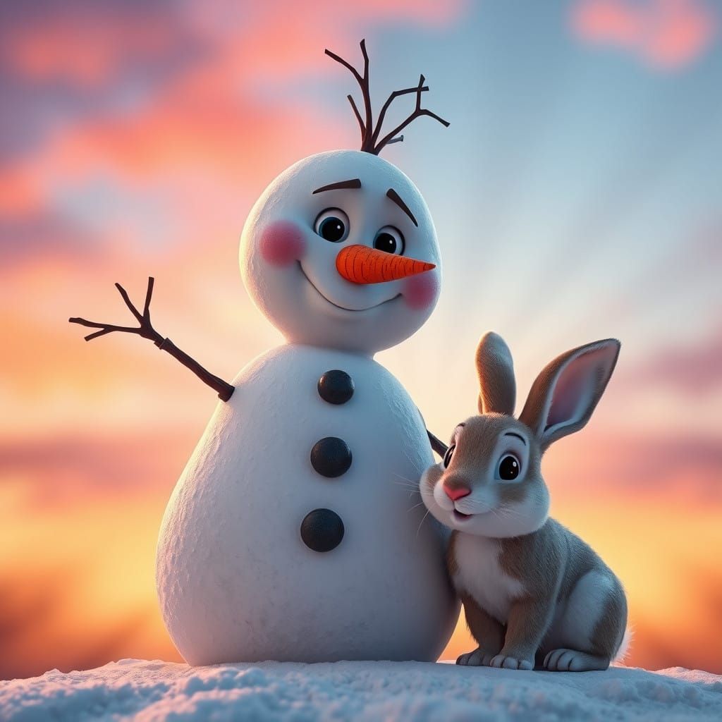 Whimsical Snowman and Gentle Rabbit in a Magical Winter Scen...