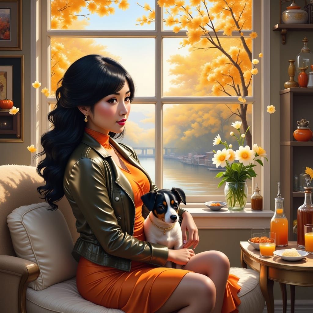 Asian Woman with Dog in Cozy Living Room