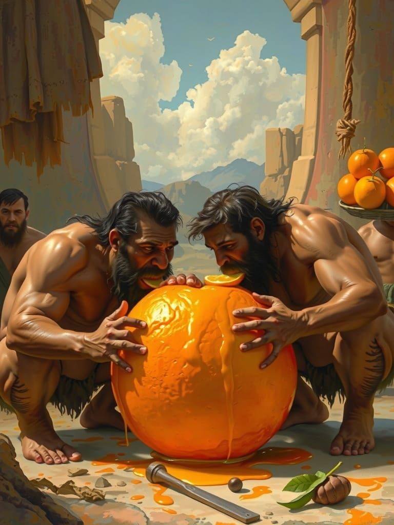 Neanderthals Feast on Giant Orange in Sunset Oil Painting