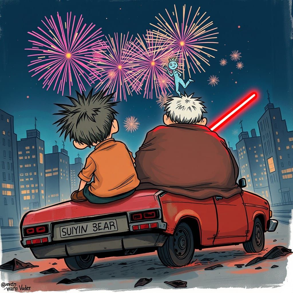 Mischievous Boys Gaze Up at Vibrant New Year Fireworks in a....