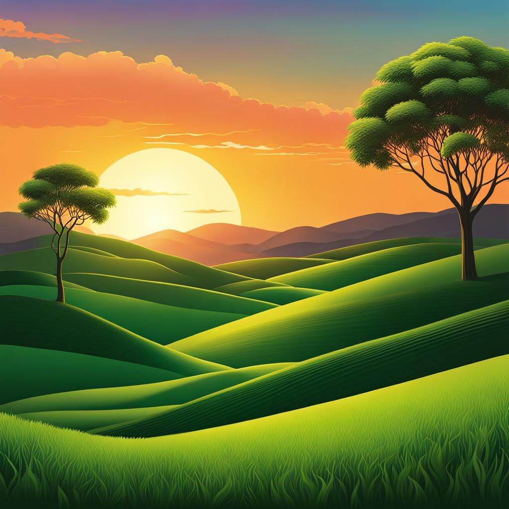 Hyperrealistic Sunset Over Green Hills in Vector Style