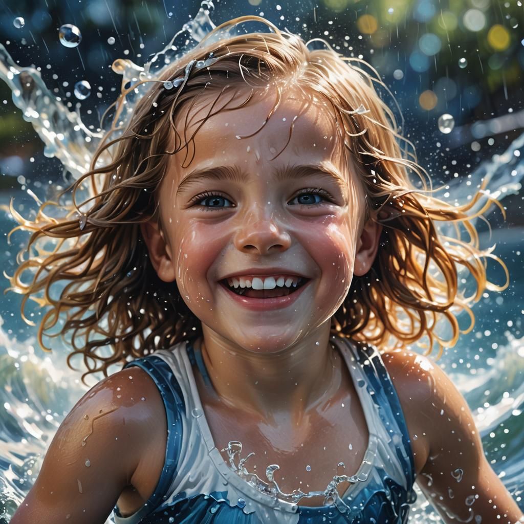 Smiling Child in Shimmering Water, Hyperrealistic Splash Art