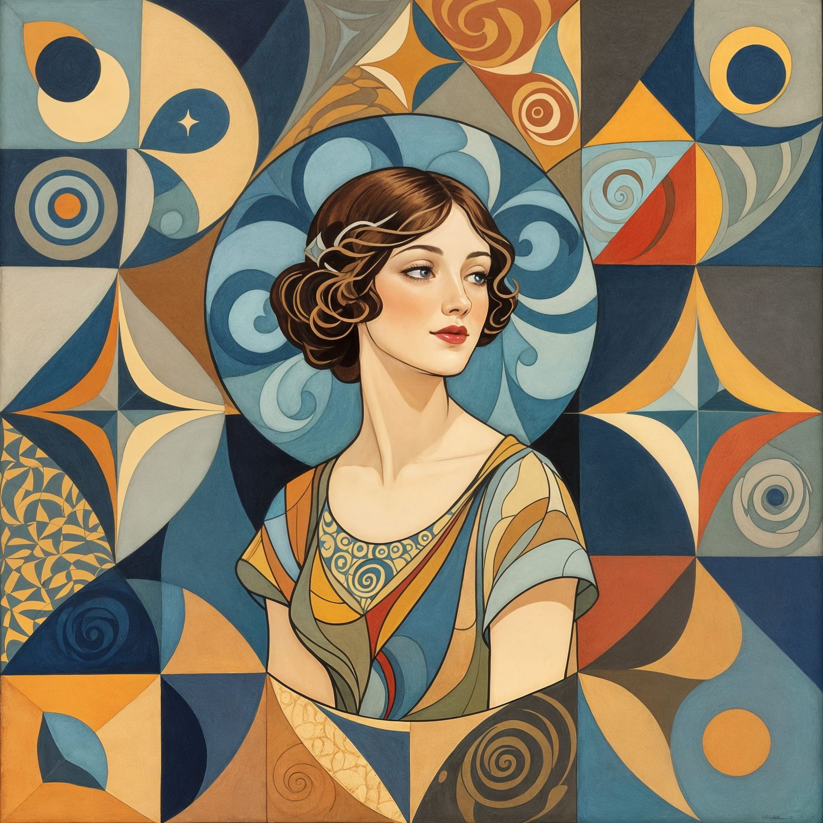 Art Nouveau Woman Amidst Abstract Geometric Forms