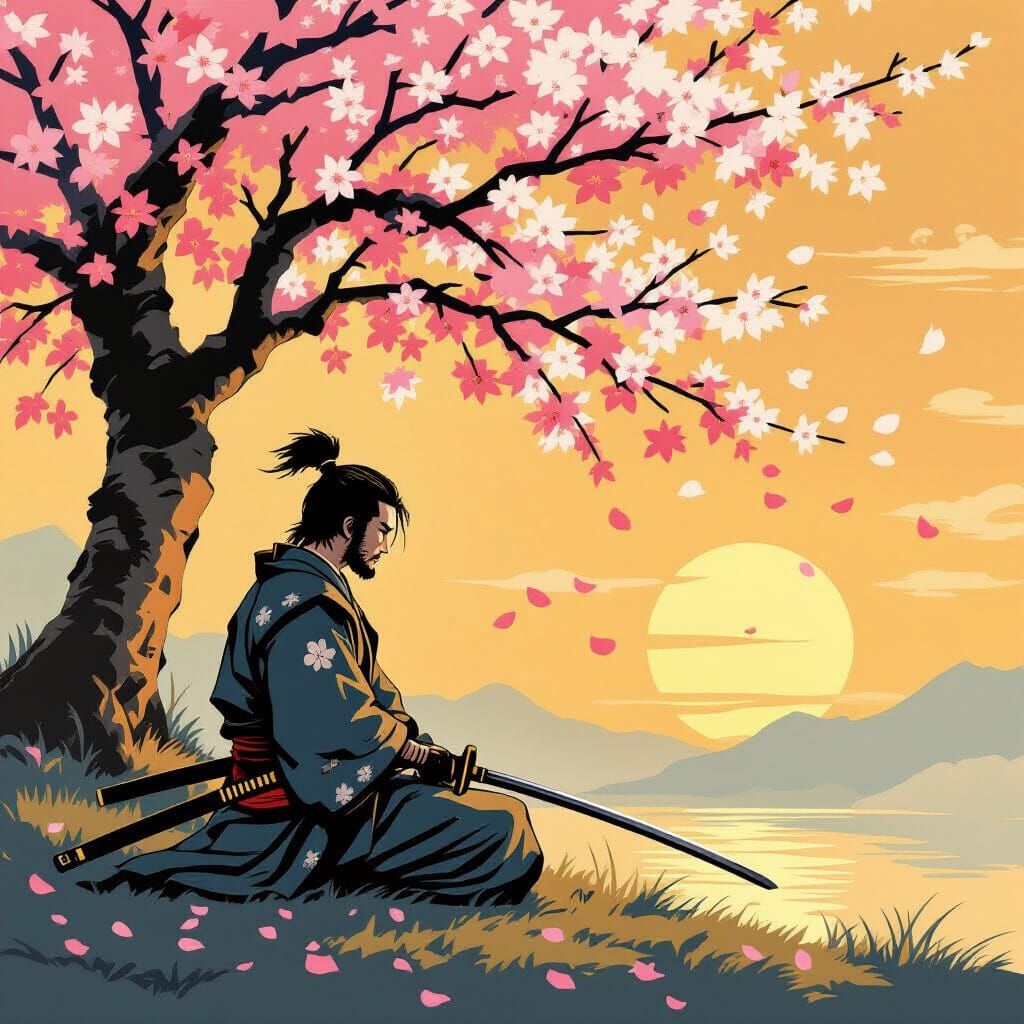 Samurai Meditating Under Cherry Blossoms in Ukiyo-e Style