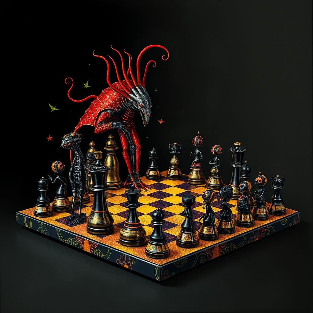 Eerie Chessboard Dreamscape in Dark Bone China