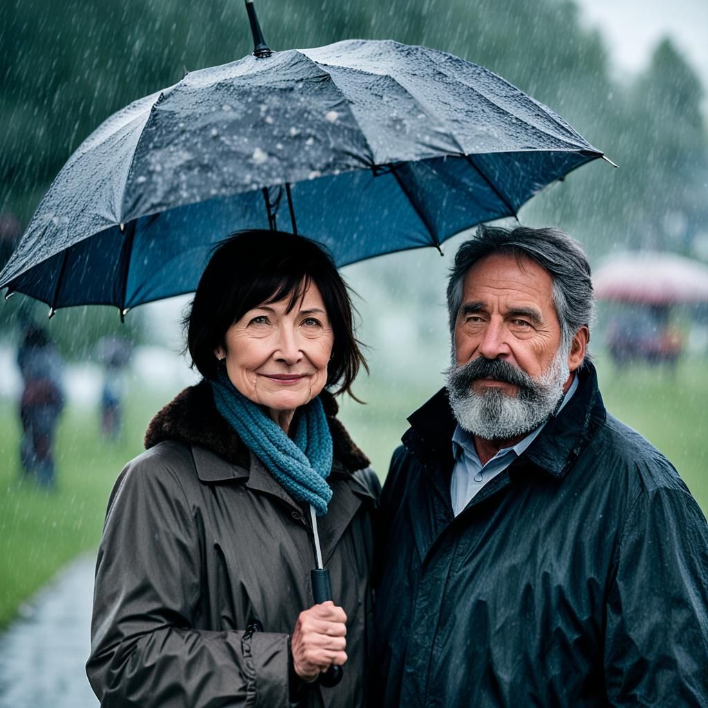 Rainy Day Stroll: A Happy Couple Under Umbrella