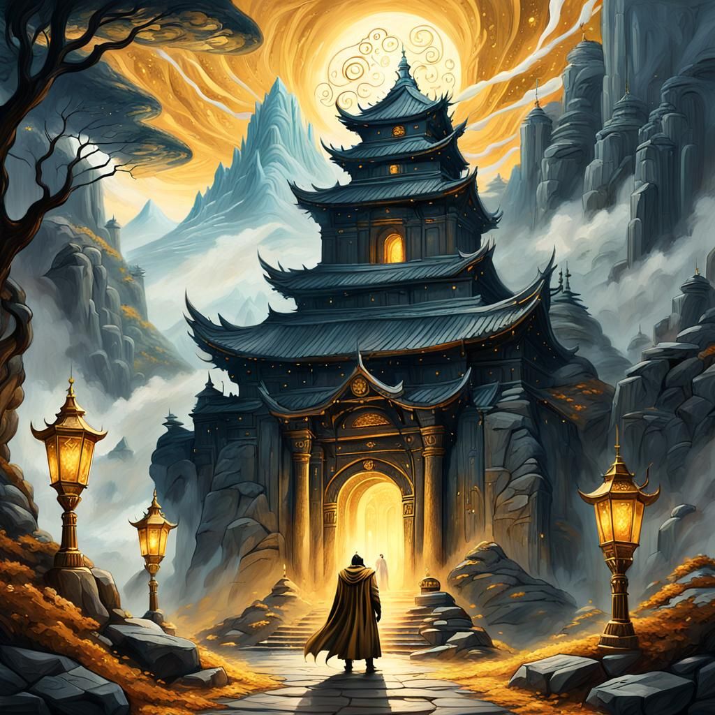 Armored Figure at Mountain Temple in Oil Painting Style
