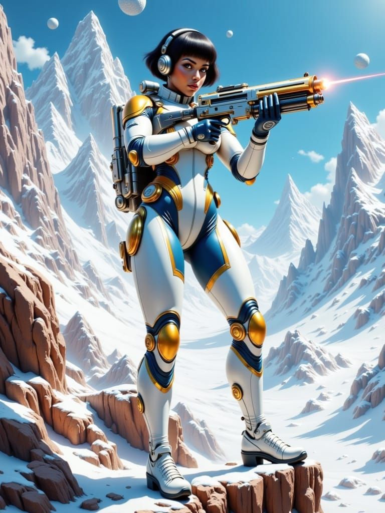 Futuristic Woman Warrior in Space Suit, Vintage-Futurism Sty...